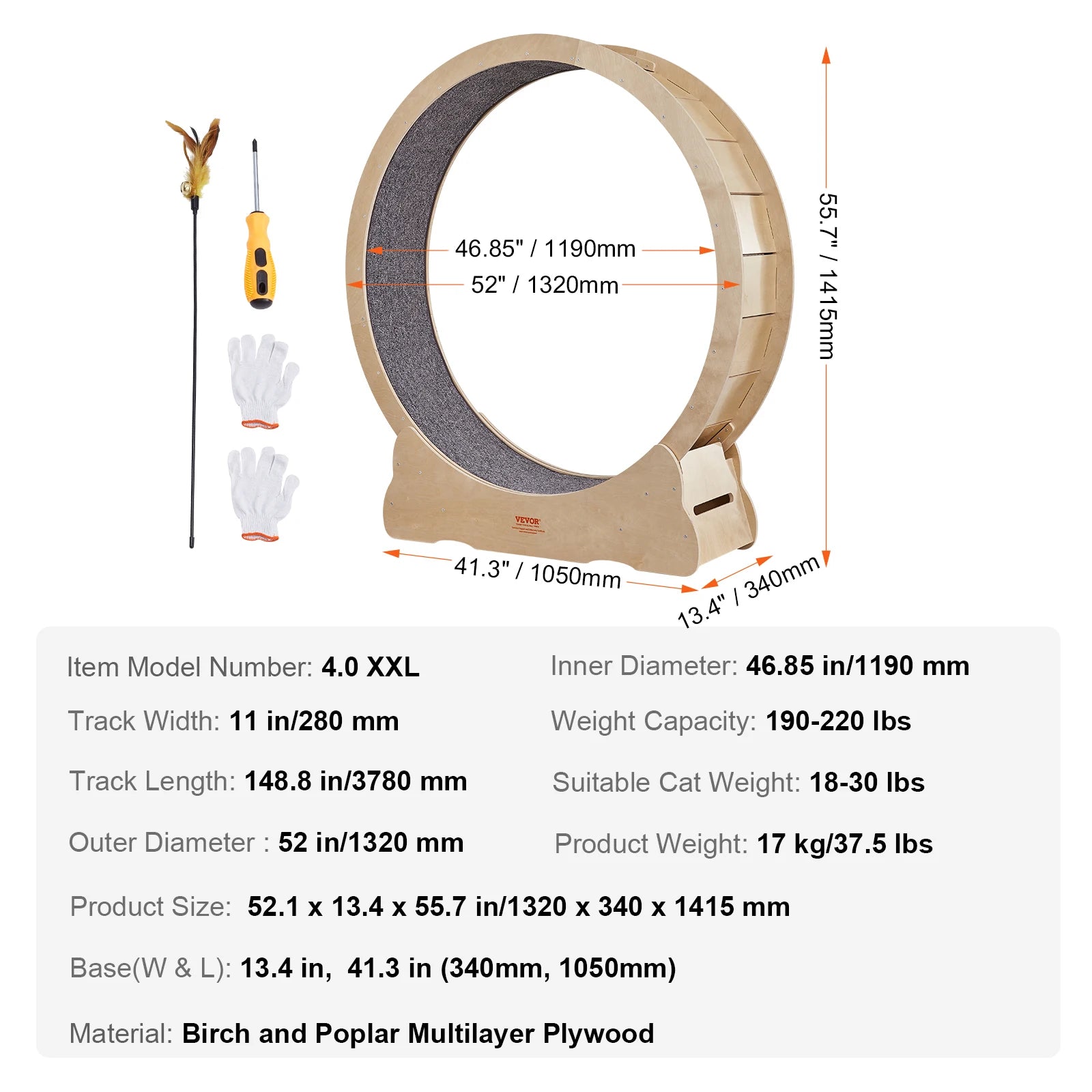 VEVOR Cat Exercise Wheel – Silent Wooden Treadmill with Carpet