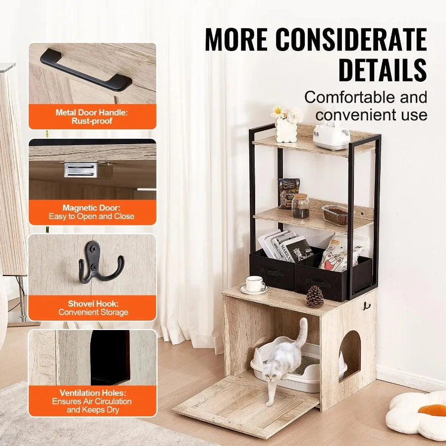 Hidden Cat Litter Box Furniture with 2 Shelves & Baskets