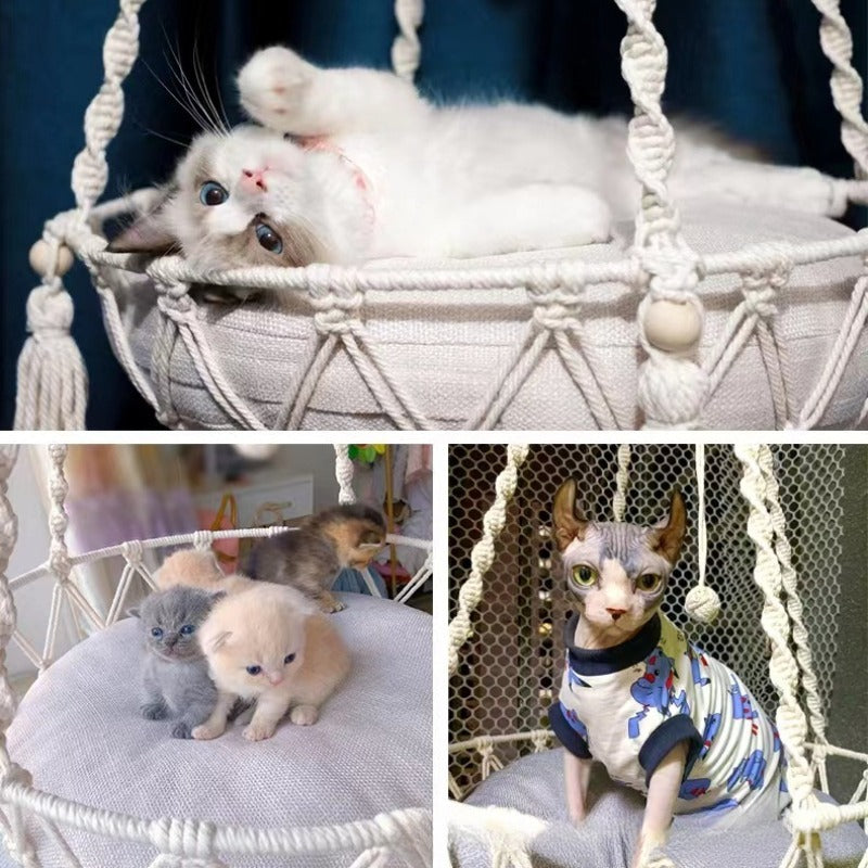 Hand-Woven Cat Hammock – Hanging Cotton Rope Basket for Indoor Pets