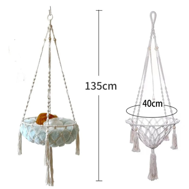 Hand-Woven Cat Hammock – Hanging Cotton Rope Basket for Indoor Pets