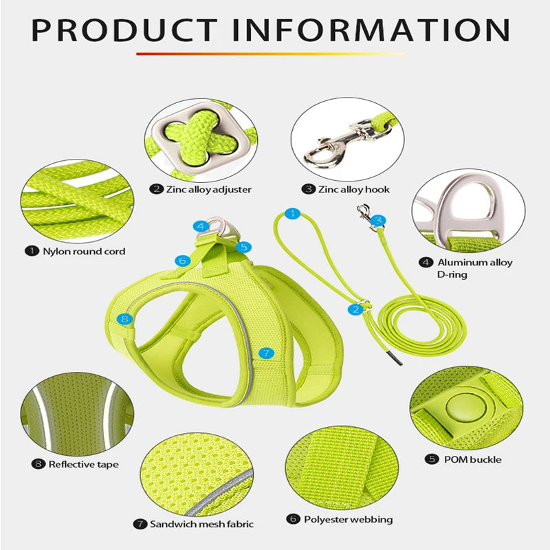 Adjustable Reflective Dog Harness & Leash Set – For Small to Medium Pets