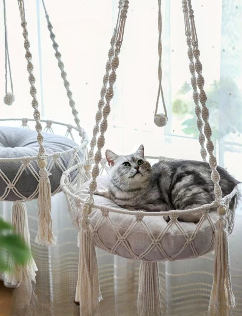 Hand-Woven Cat Hammock – Hanging Cotton Rope Basket for Indoor Pets