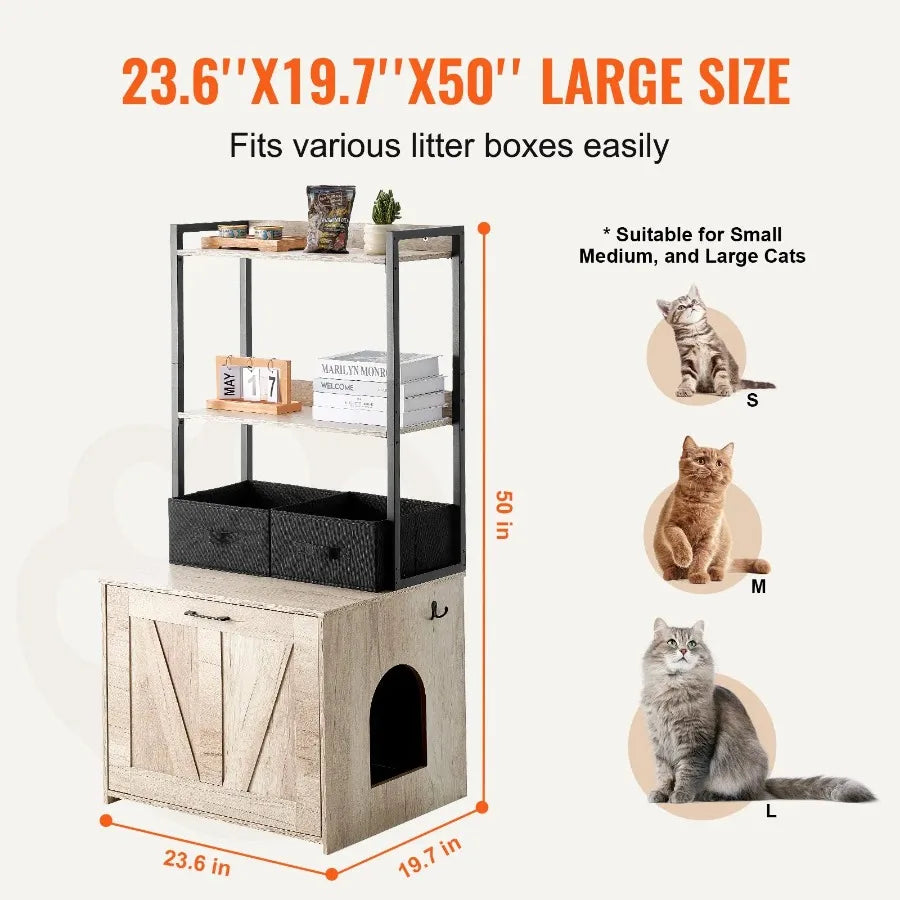 Hidden Cat Litter Box Furniture with 2 Shelves & Baskets