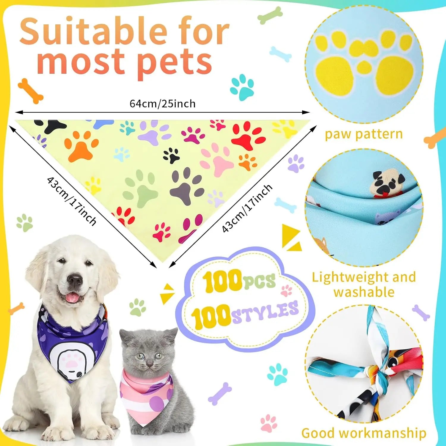 100-Pack Dog Bandanas – Colorful Triangle Bibs for Medium & Large Dogs