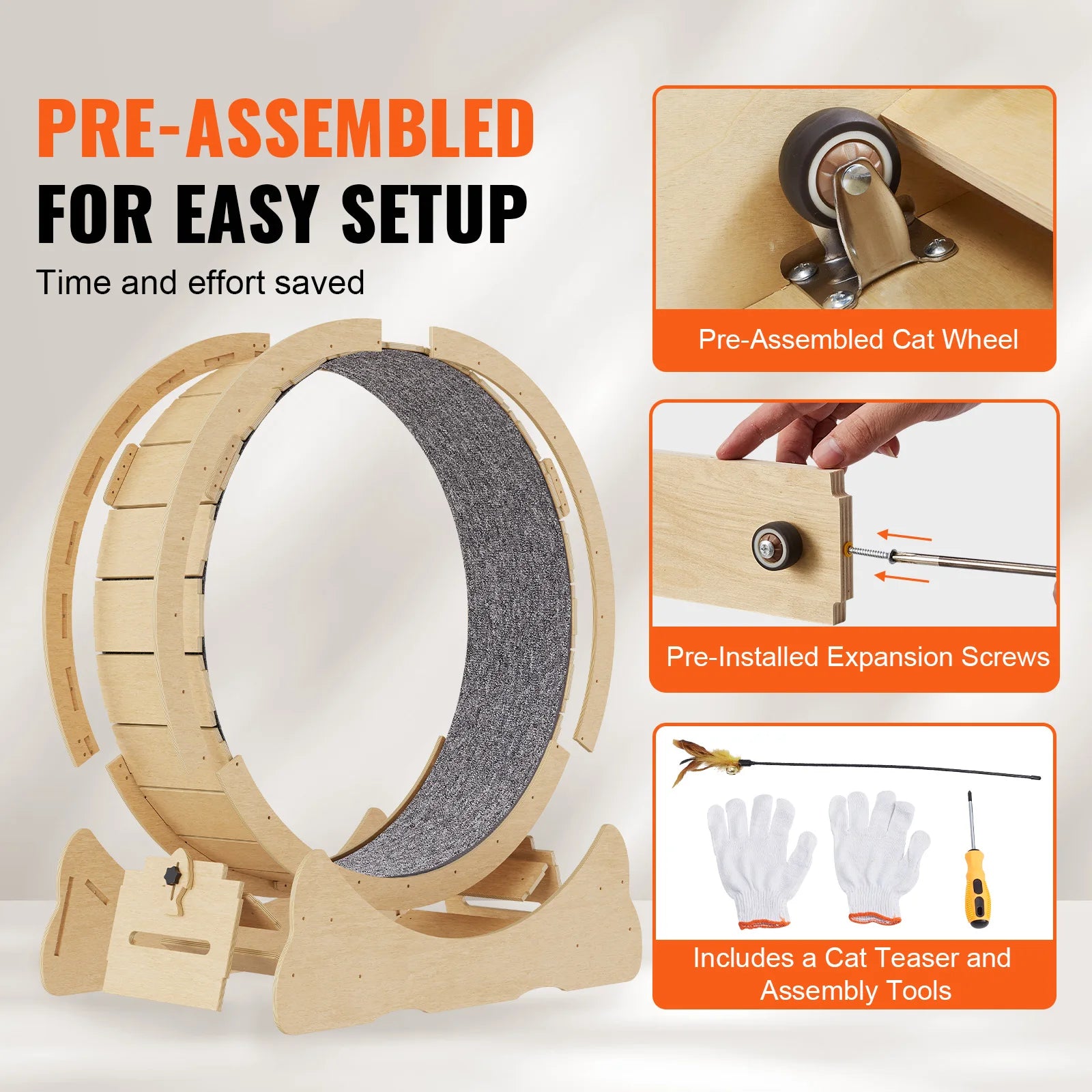 VEVOR Cat Exercise Wheel – Silent Wooden Treadmill with Carpet