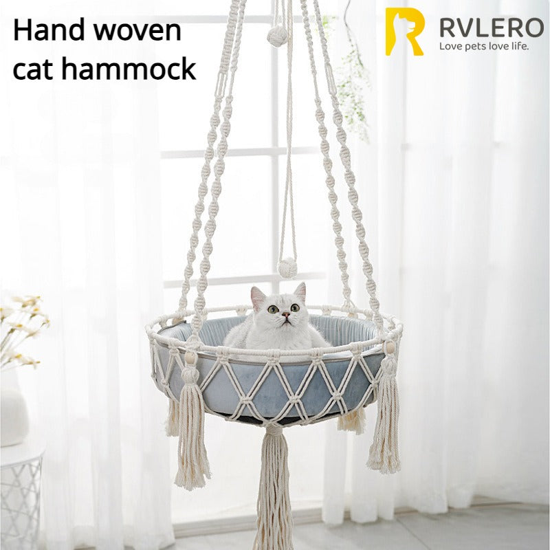 Hand-Woven Cat Hammock – Hanging Cotton Rope Basket for Indoor Pets