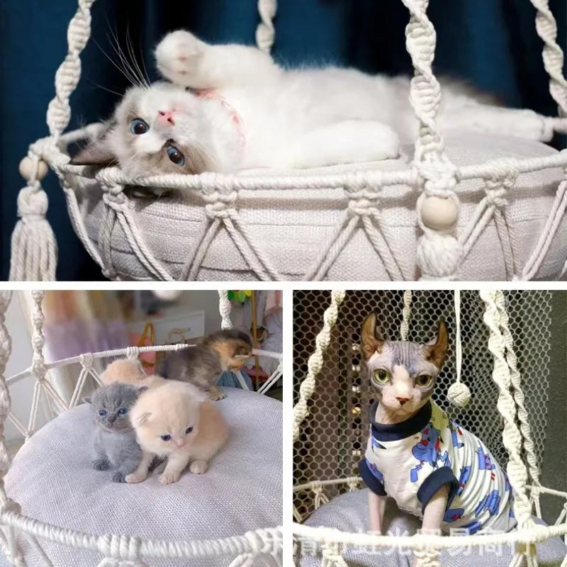 Hand-Woven Cat Hammock – Hanging Cotton Rope Basket for Indoor Pets