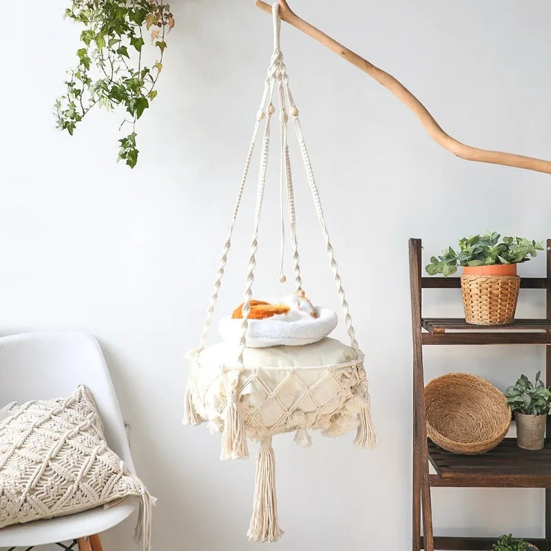 Hand-Woven Cat Hammock – Hanging Cotton Rope Basket for Indoor Pets