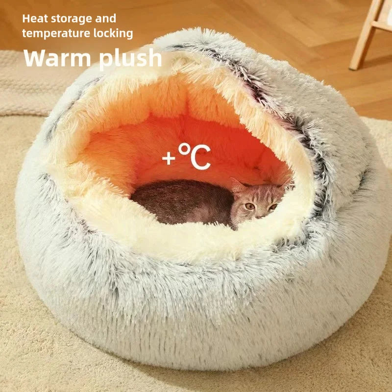 Plush Winter Cat Nest Bed – Semi-Enclosed