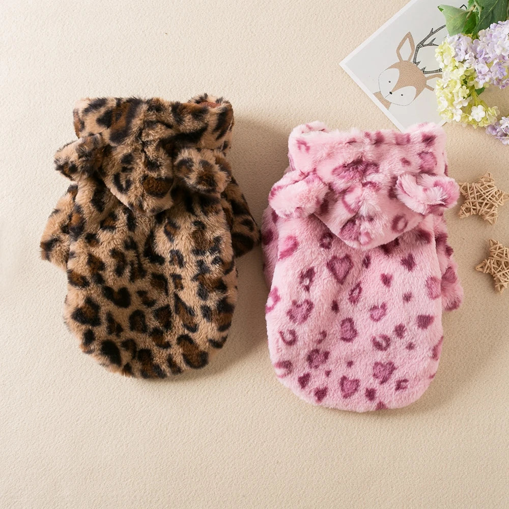 Winter Fleece Leopard Dog Hoodie for Small & Medium Dogs