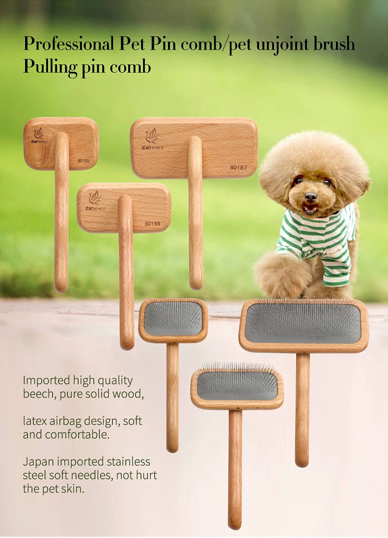 Fenice Wooden Handle Pet Grooming Comb – Needle Brush for Dogs & Cats