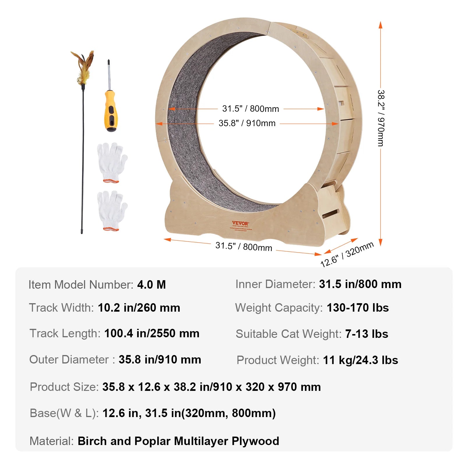 VEVOR Cat Exercise Wheel – Silent Wooden Treadmill with Carpet