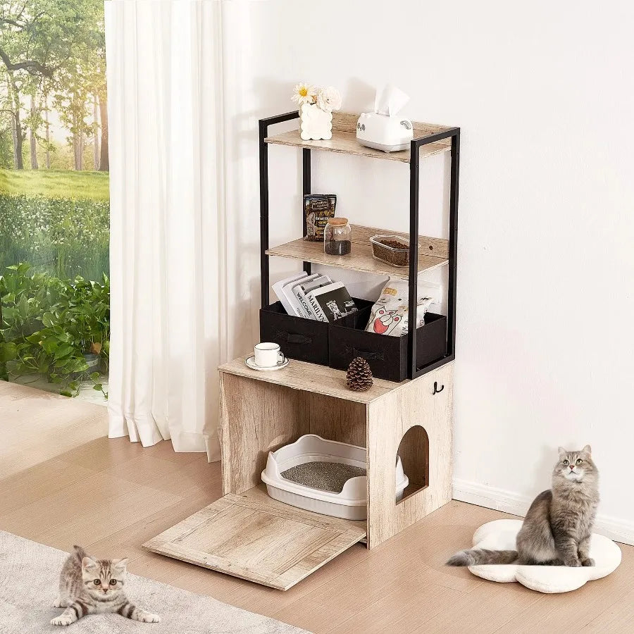 Hidden Cat Litter Box Furniture with 2 Shelves & Baskets