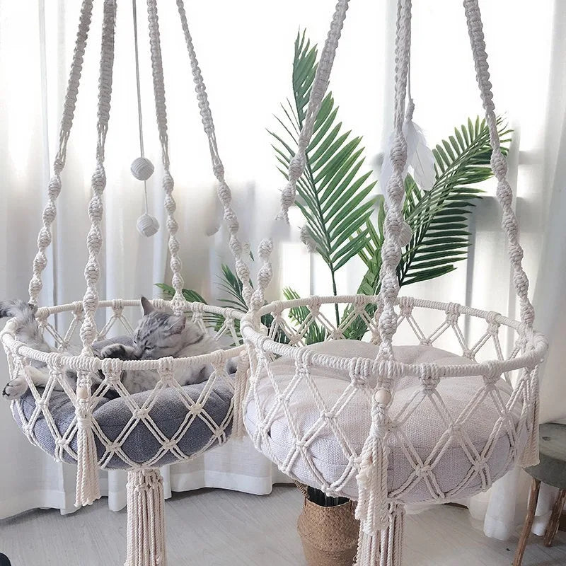 Hand-Woven Cat Hammock – Hanging Cotton Rope Basket for Indoor Pets