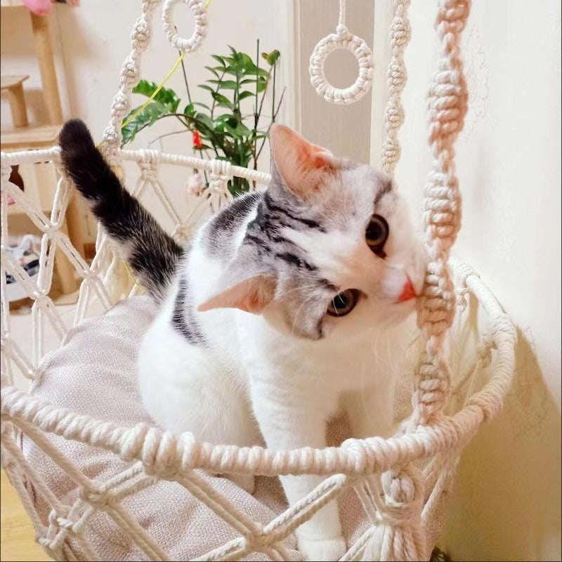 Hand-Woven Cat Hammock – Hanging Cotton Rope Basket for Indoor Pets