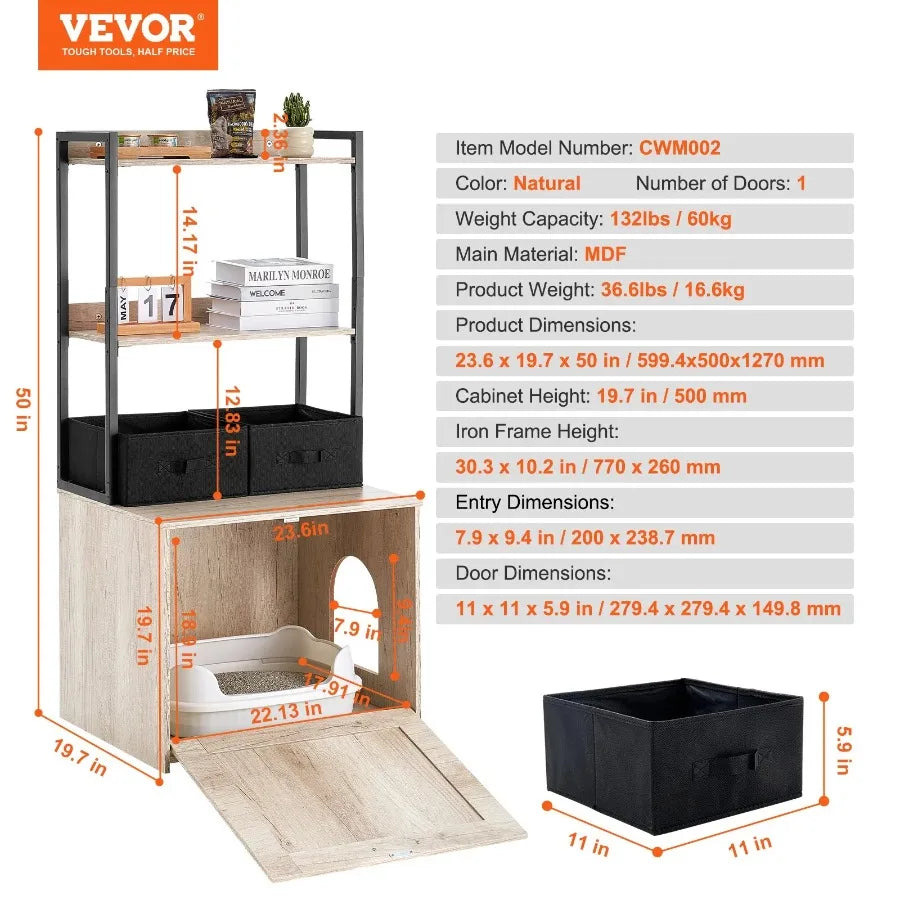 Hidden Cat Litter Box Furniture with 2 Shelves & Baskets