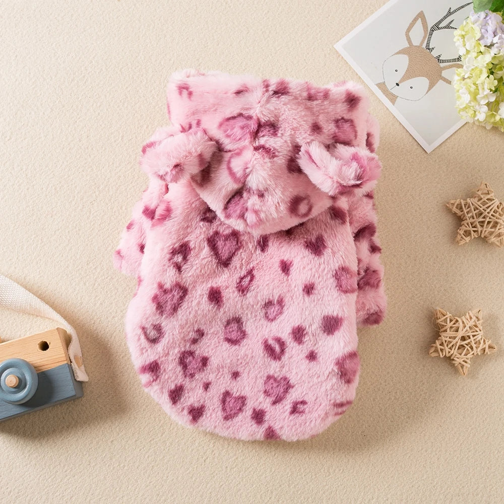 Winter Fleece Leopard Dog Hoodie for Small & Medium Dogs