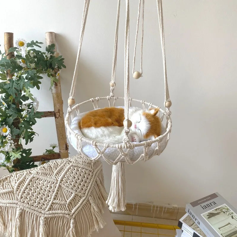 Hand-Woven Cat Hammock – Hanging Cotton Rope Basket for Indoor Pets