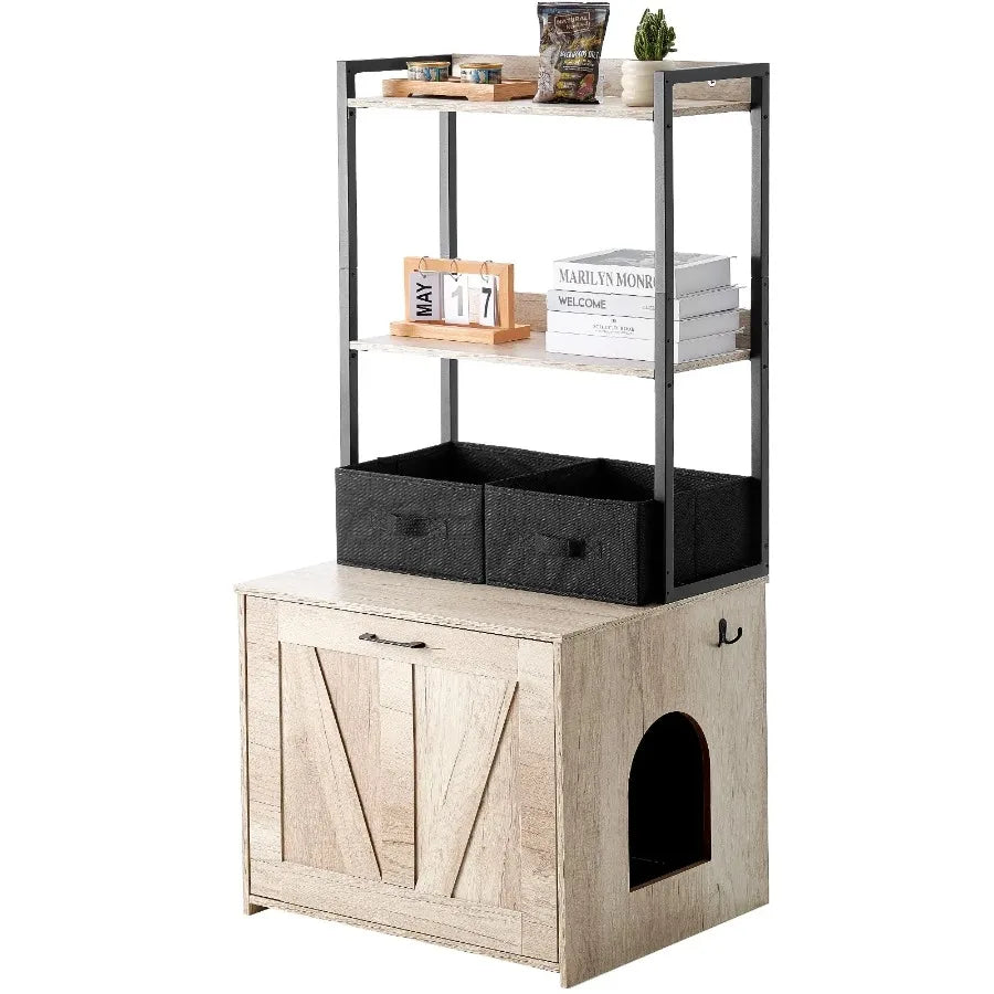 Hidden Cat Litter Box Furniture with 2 Shelves & Baskets