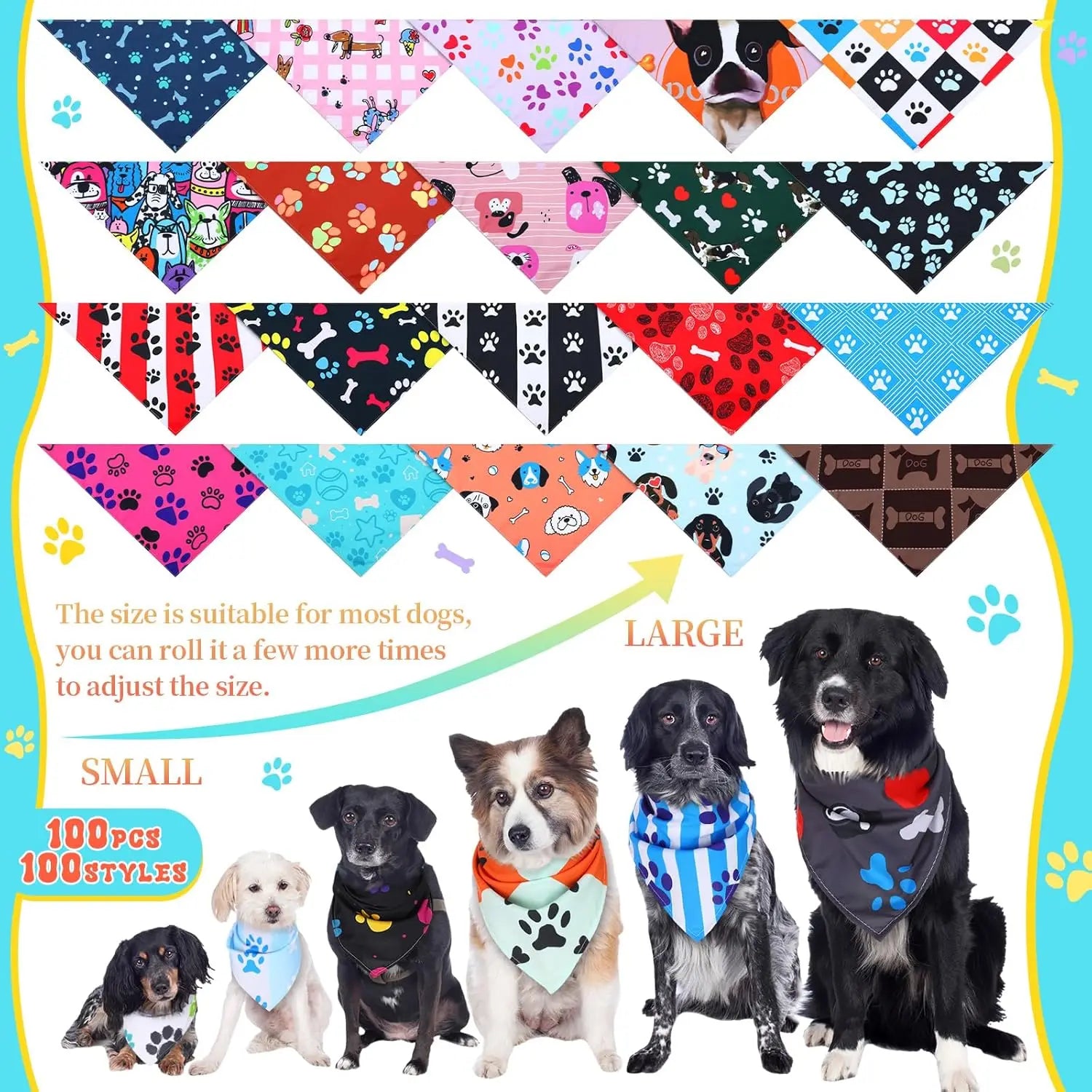 100-Pack Dog Bandanas – Colorful Triangle Bibs for Medium & Large Dogs