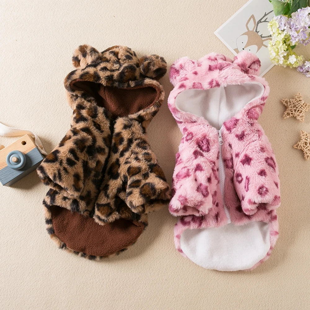 Winter Fleece Leopard Dog Hoodie for Small & Medium Dogs
