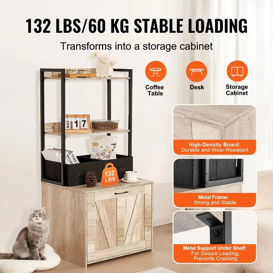 Hidden Cat Litter Box Furniture with 2 Shelves & Baskets