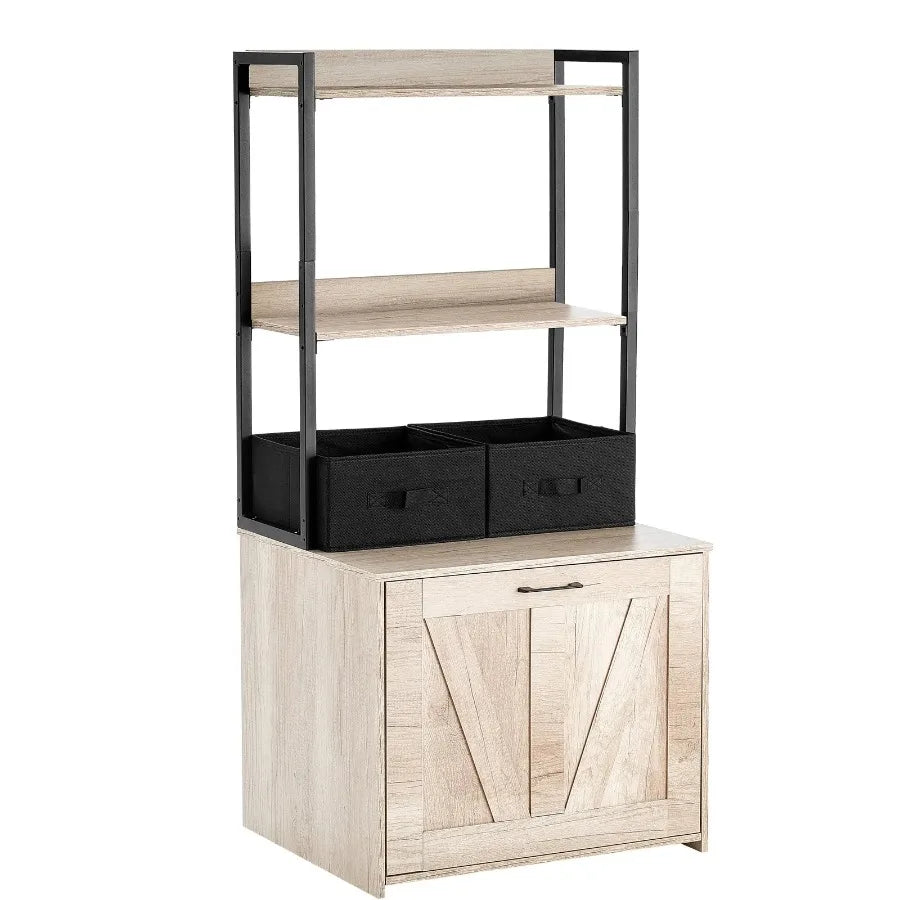 Hidden Cat Litter Box Furniture with 2 Shelves & Baskets