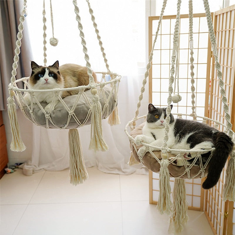 Hand-Woven Cat Hammock – Hanging Cotton Rope Basket for Indoor Pets