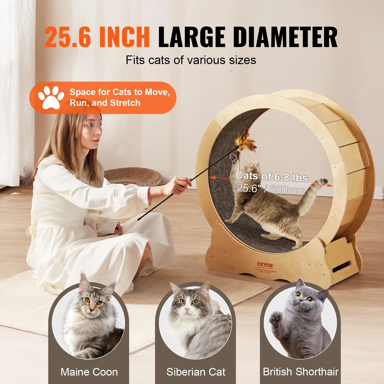 VEVOR Cat Exercise Wheel – Silent Wooden Treadmill with Carpet
