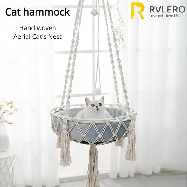Hand-Woven Cat Hammock – Hanging Cotton Rope Basket for Indoor Pets